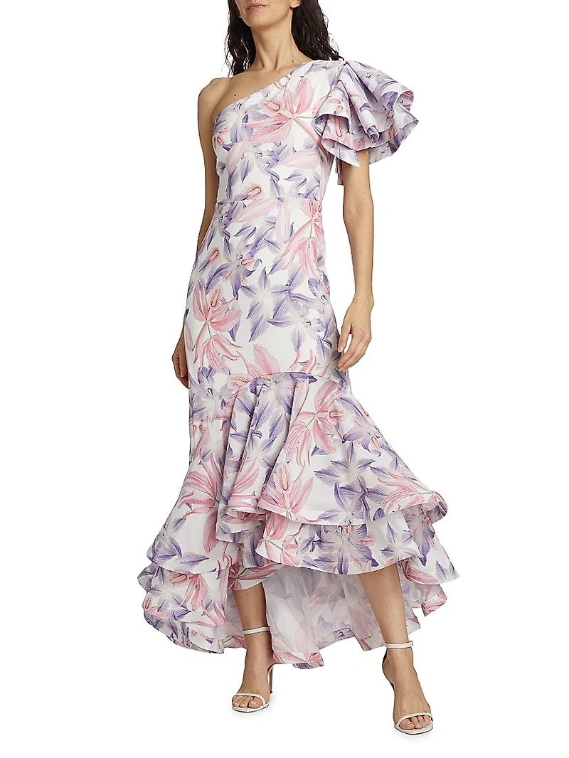 Corocora Ruffled Floral One-Shoulder Maxi Dress