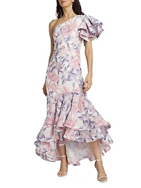 Corocora Ruffled Floral One-Shoulder Maxi Dress