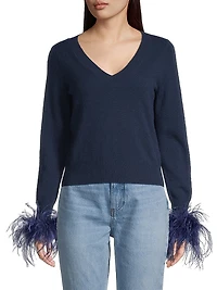 V-Neck Feather-Cuff Sweater