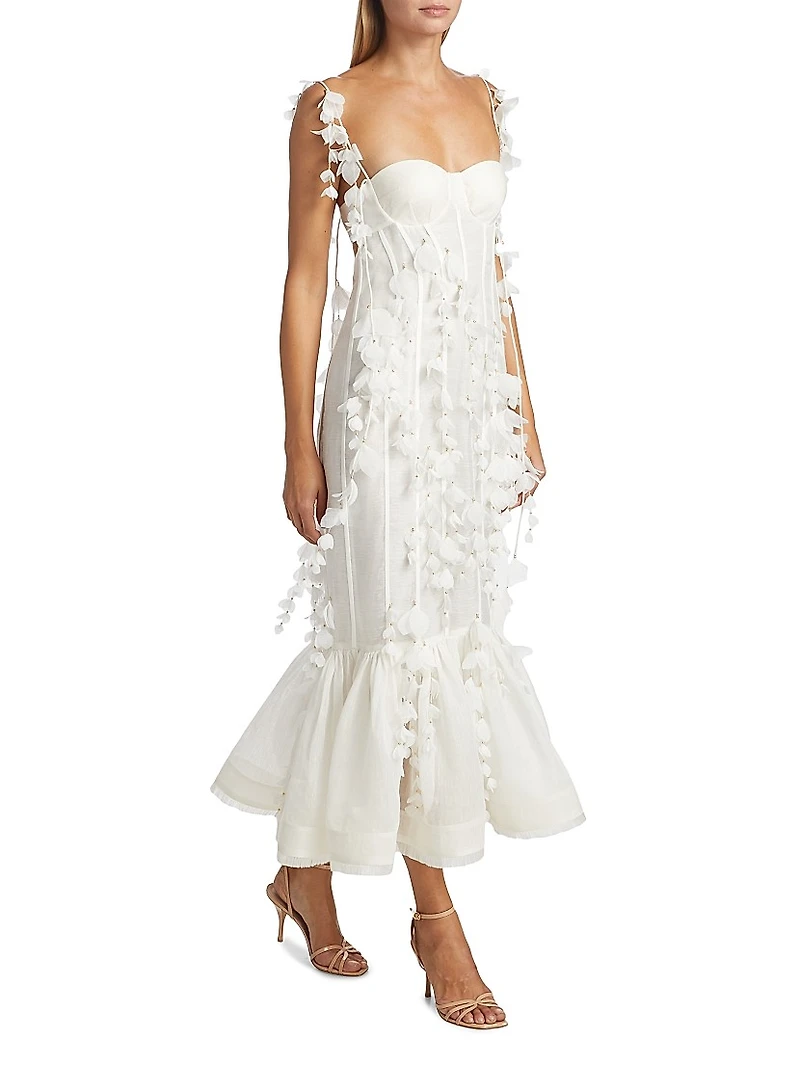 Petal Appliqué Linen-Silk Corset Gown
