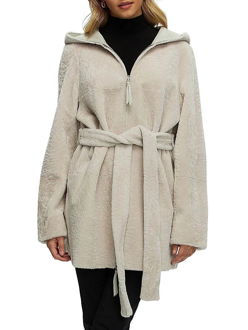 Reversible Textured Shearling Lamb Zip Parka
