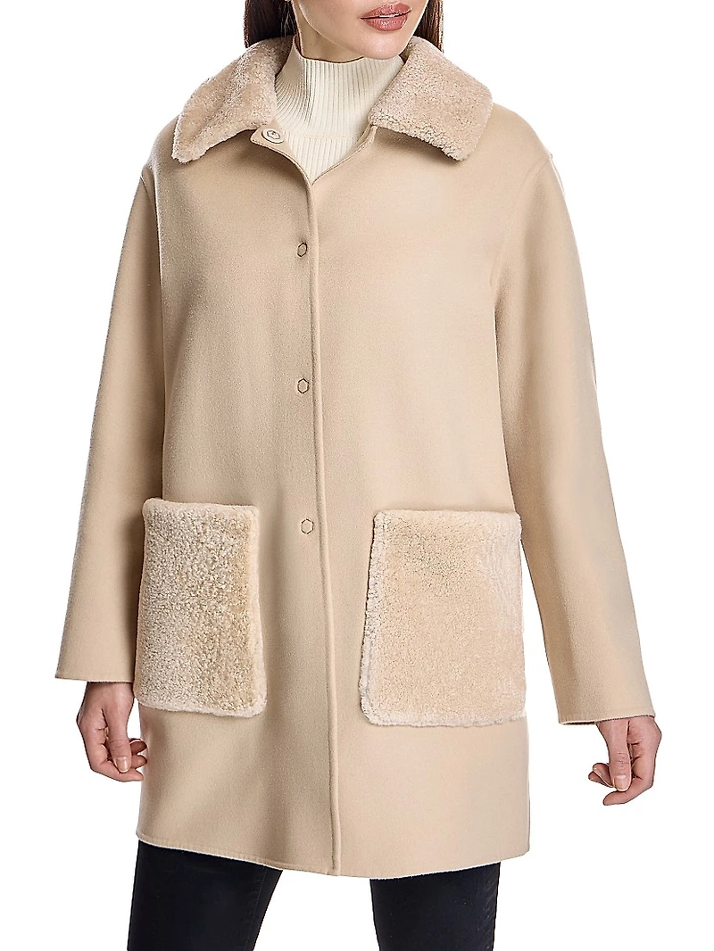 Shearling-Trim Wool Coat