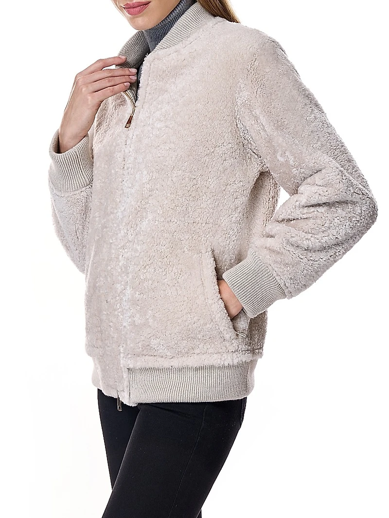 Shearling Knit-Trim Bomber Jacket