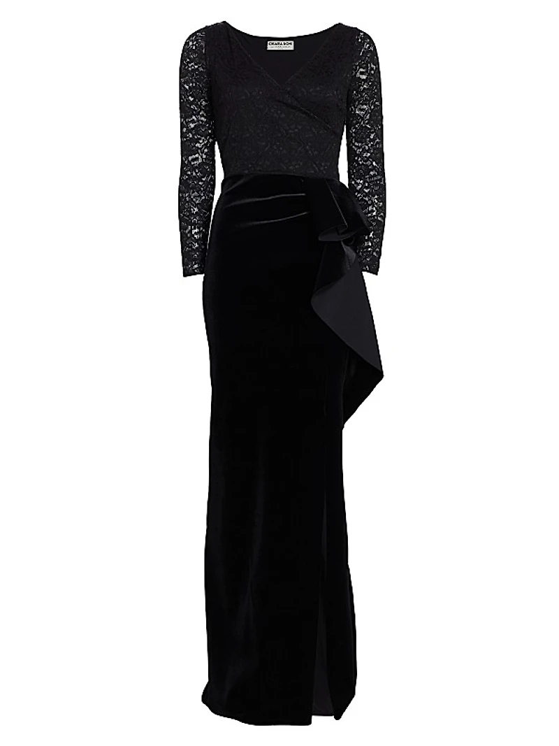 Fridaus Ruffled Velvet & Lace Gown