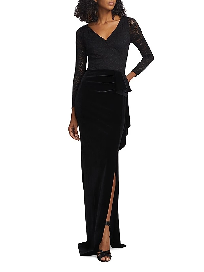 Fridaus Ruffled Velvet & Lace Gown