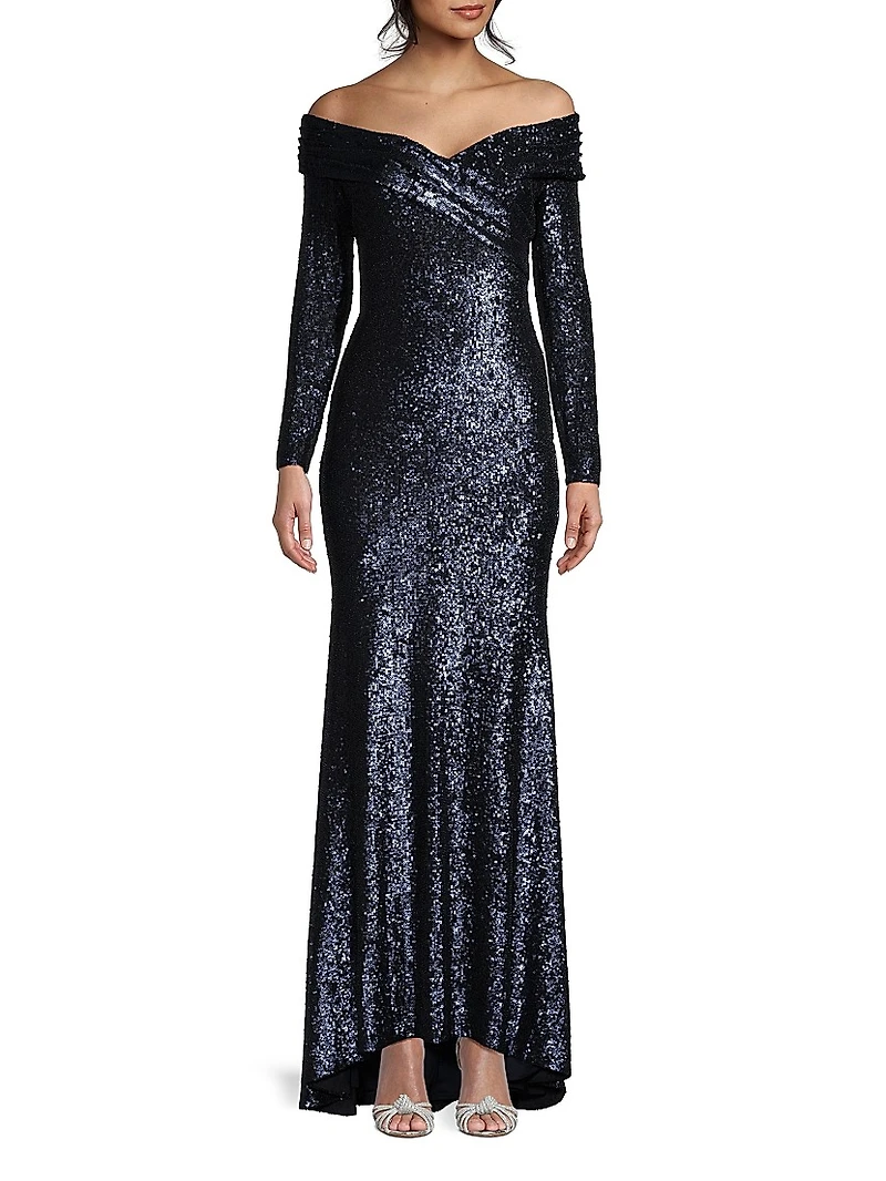 Social Signature Off-The-Shoulder Sequin Gown