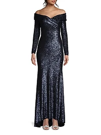 Social Signature Off-The-Shoulder Sequin Gown