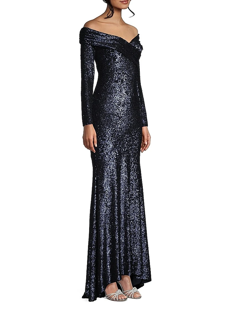 Social Signature Off-The-Shoulder Sequin Gown