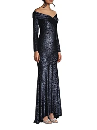 Social Signature Off-The-Shoulder Sequin Gown