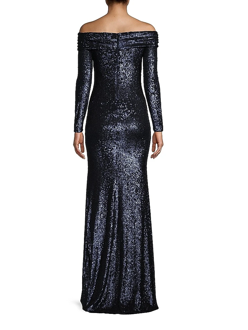 Social Signature Off-The-Shoulder Sequin Gown