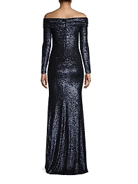 Social Signature Off-The-Shoulder Sequin Gown