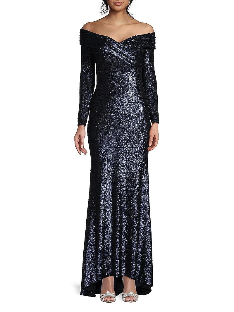 Social Signature Off-The-Shoulder Sequin Gown