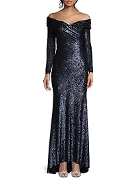 Social Signature Off-The-Shoulder Sequin Gown