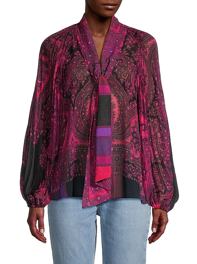 Renee Fontana-Print Tie-Neck Blouse