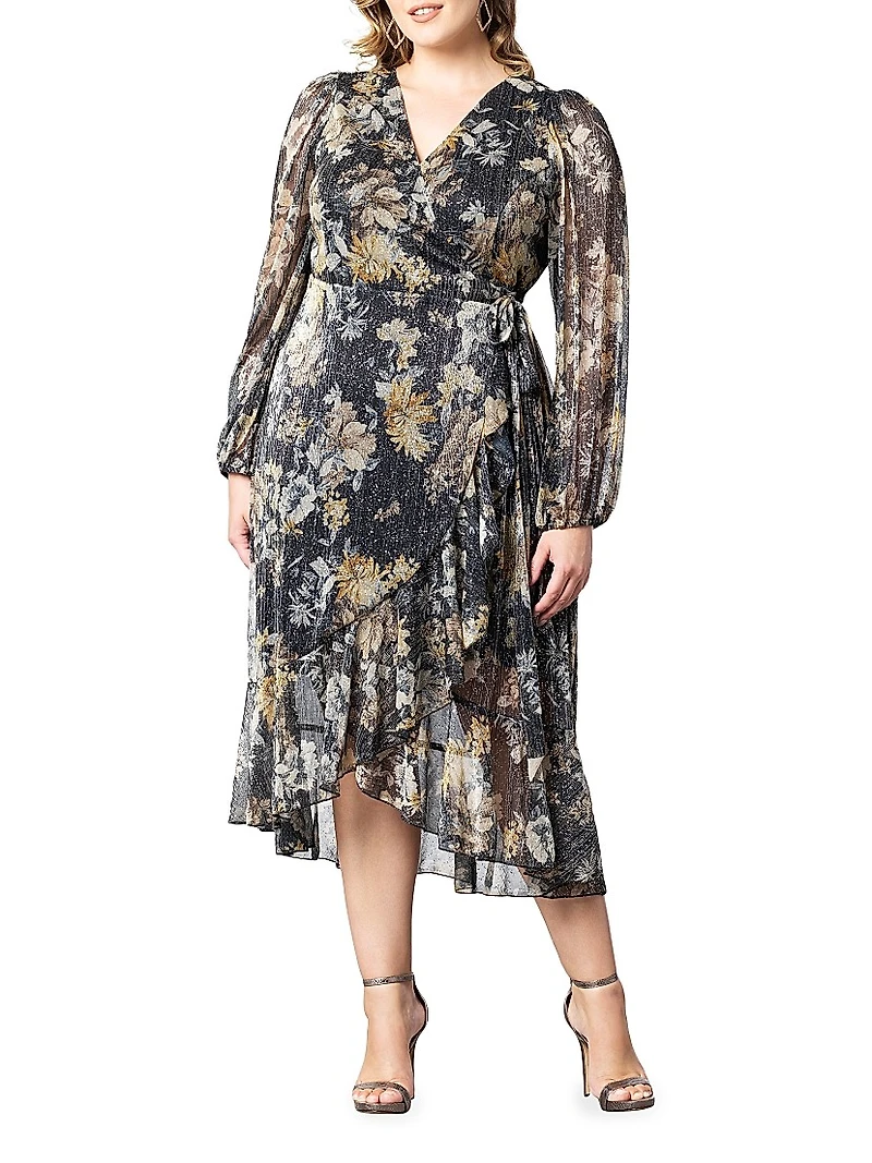 Clara Metallic Floral Wrap Midi-Dress