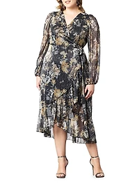 Clara Metallic Floral Wrap Midi-Dress