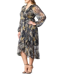 Clara Metallic Floral Wrap Midi-Dress