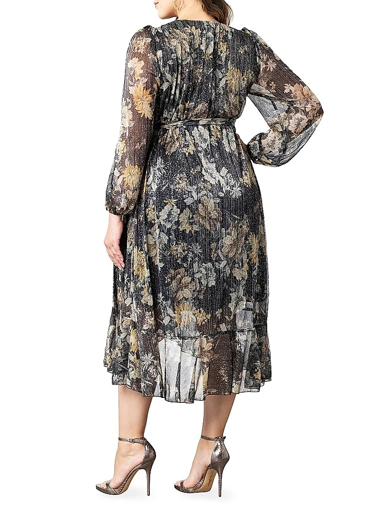 Clara Metallic Floral Wrap Midi-Dress