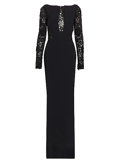 Lace-Paneled Long-Sleeve Gown