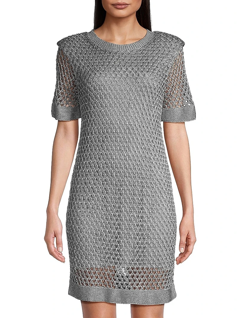 Sinclair Metallic Crochet Short-Sleeve Minidress