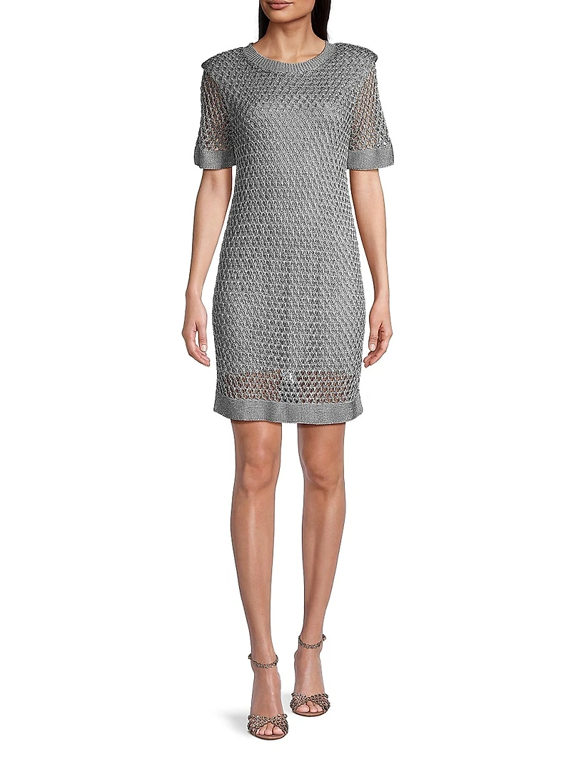 Sinclair Metallic Crochet Short-Sleeve Minidress
