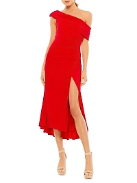 Ieena Ruched Crepe Off-The-Shoulder Midi-Dress