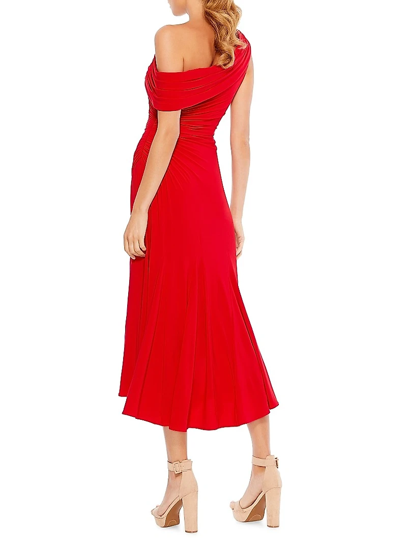 Ieena Ruched Crepe Off-The-Shoulder Midi-Dress