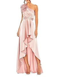Asymmetric Ruffled Satin High-Low Gown