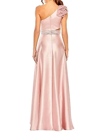 Asymmetric Ruffled Satin High-Low Gown
