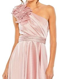 Asymmetric Ruffled Satin High-Low Gown