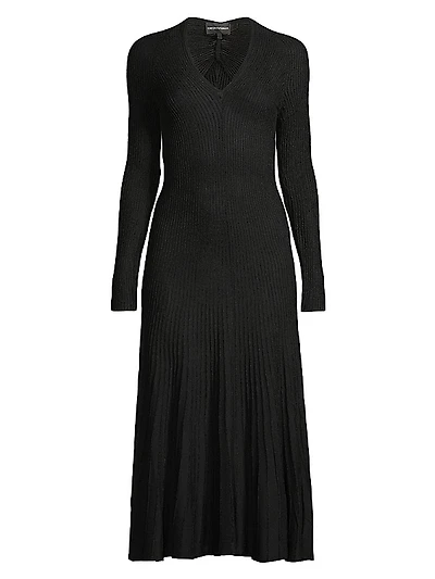 Pleated Ribbed-Knit Midi-Dress