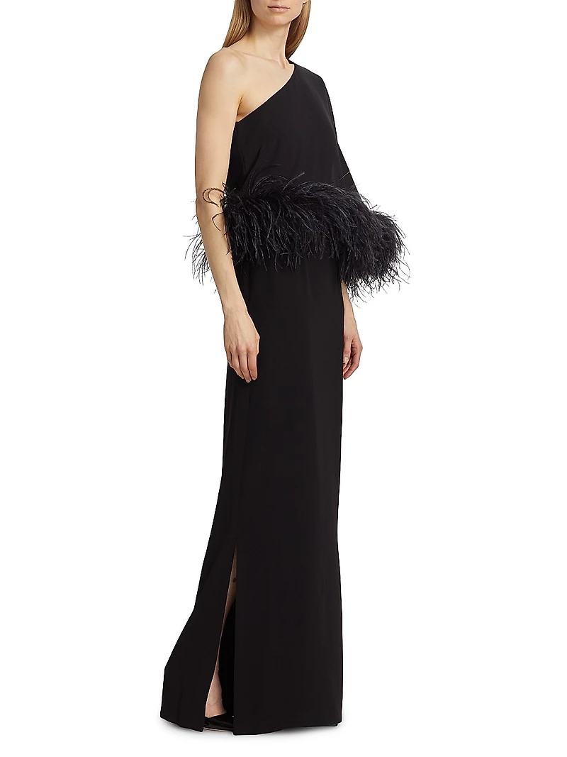 Alder Crepe Feather-Cuff Cape Gown
