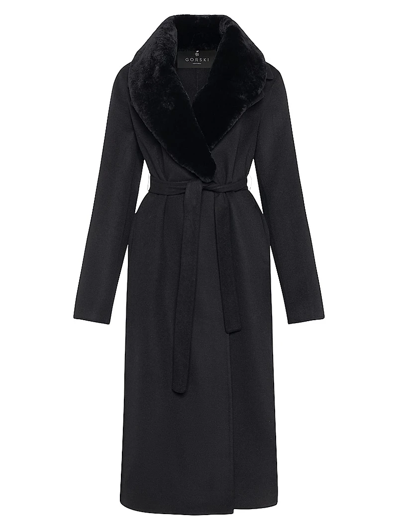 Wool Short Coat with Shearling Lamb Collar