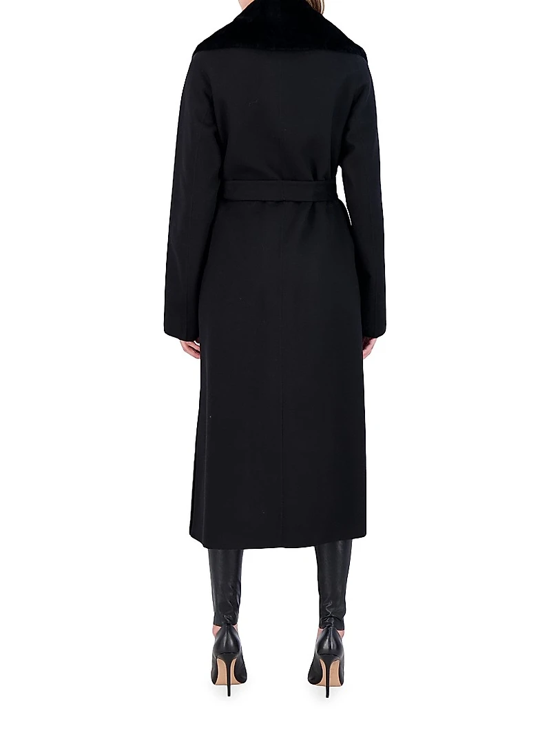 Wool Short Coat with Shearling Lamb Collar