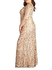 Plus Three-Quarter-Sleeved Embroidered Lace Gown