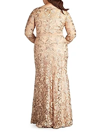 Plus Three-Quarter-Sleeved Embroidered Lace Gown