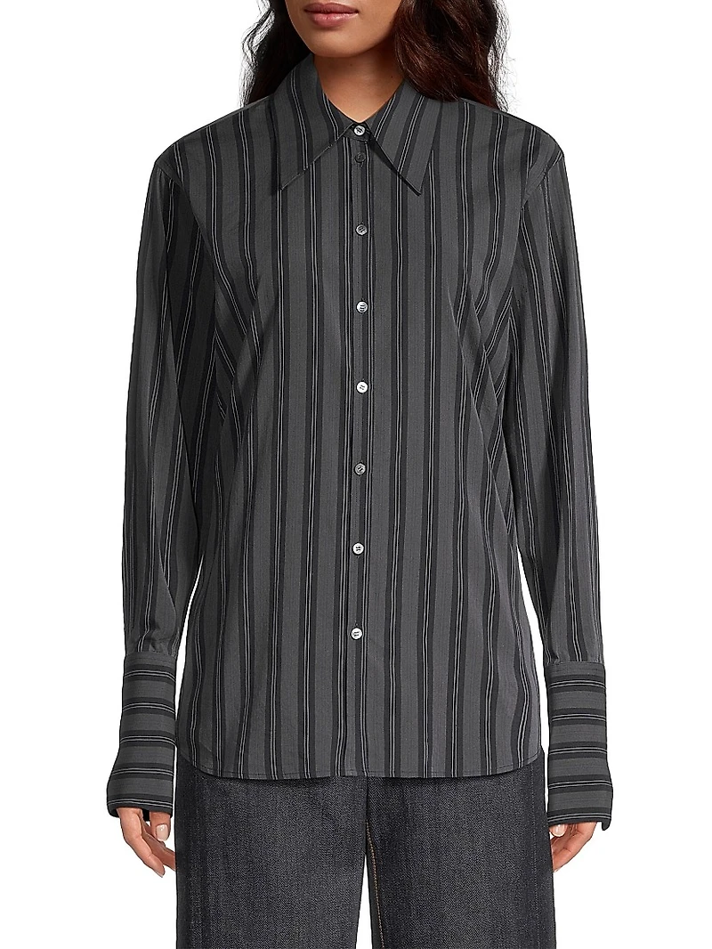 Striped Long-Cuff Button-Up Shirt