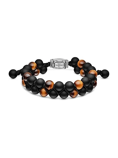 Spiritual Beads Two Row Woven Bracelet in Black Onyx, Tiger's Eye, Black Nylon and Sterling Silver, 8MM