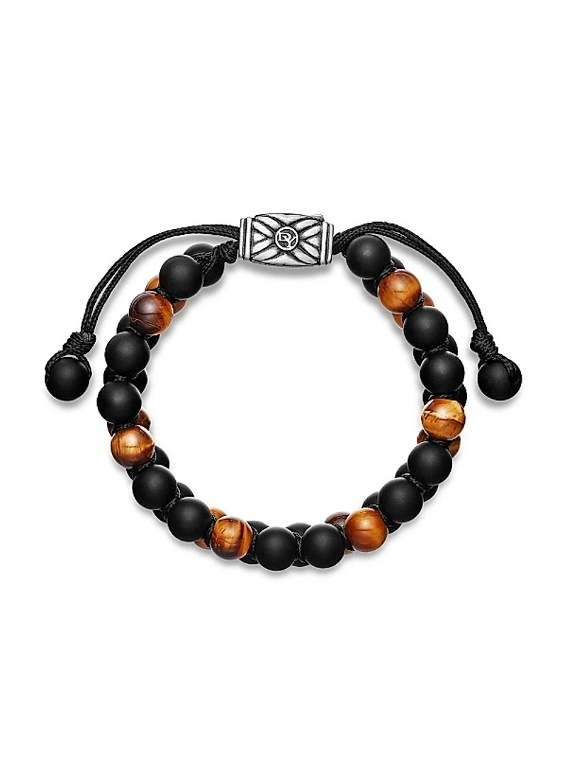 Spiritual Beads Two Row Woven Bracelet in Black Onyx, Tiger's Eye, Black Nylon and Sterling Silver, 8MM