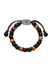 Spiritual Beads Two Row Woven Bracelet in Black Onyx, Tiger's Eye, Black Nylon and Sterling Silver, 8MM