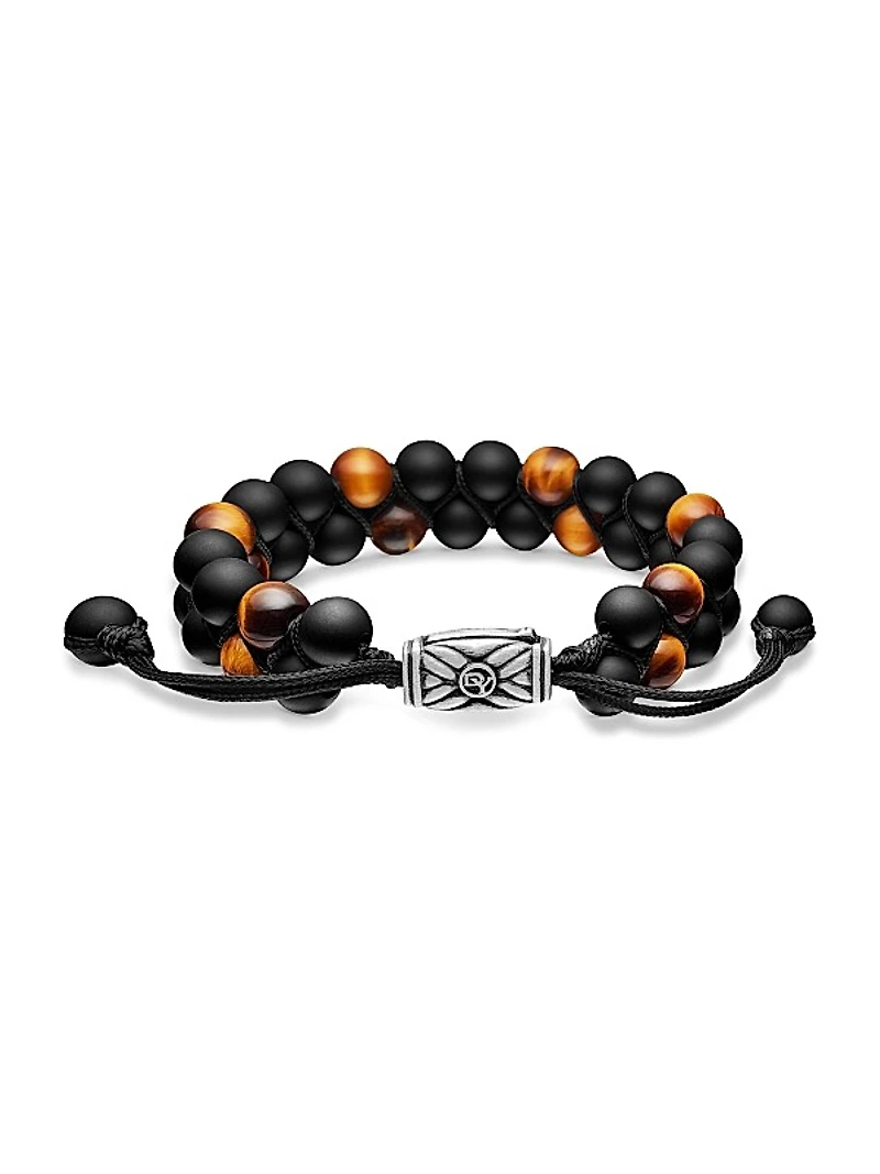 Spiritual Beads Two Row Woven Bracelet in Black Onyx, Tiger's Eye, Black Nylon and Sterling Silver, 8MM