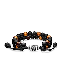 Spiritual Beads Two Row Woven Bracelet in Black Onyx, Tiger's Eye, Black Nylon and Sterling Silver, 8MM