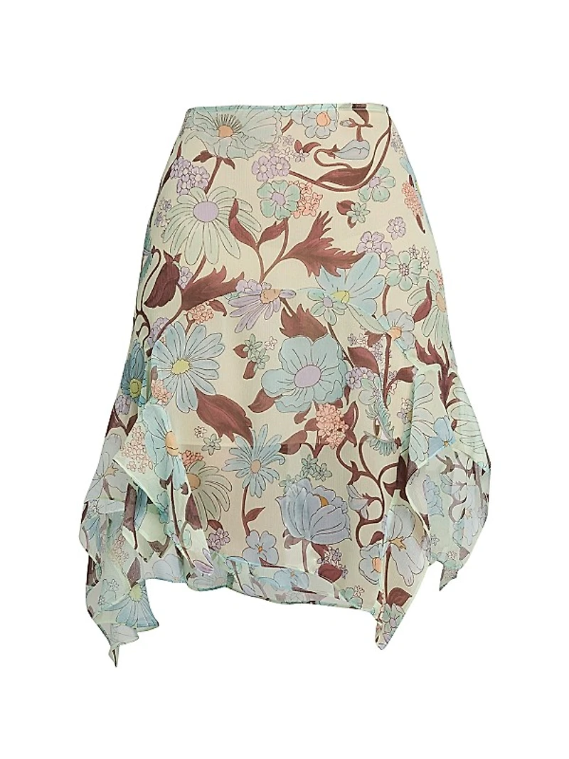 Floral Asymmetric Silk Midi-Skirt