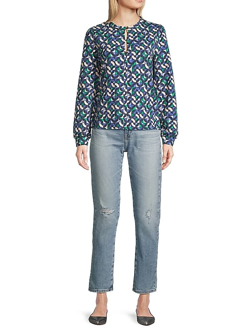Geo Waves Stretch Cotton-Blend Blouse