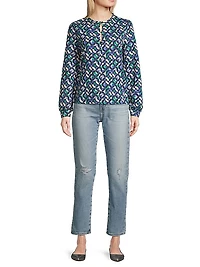 Geo Waves Stretch Cotton-Blend Blouse