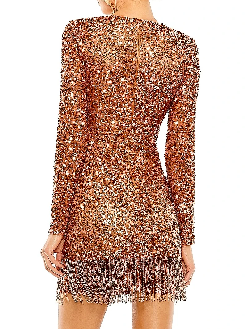 Sequined V-Neck Fringe Minidress