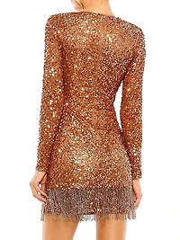 Sequined V-Neck Fringe Minidress