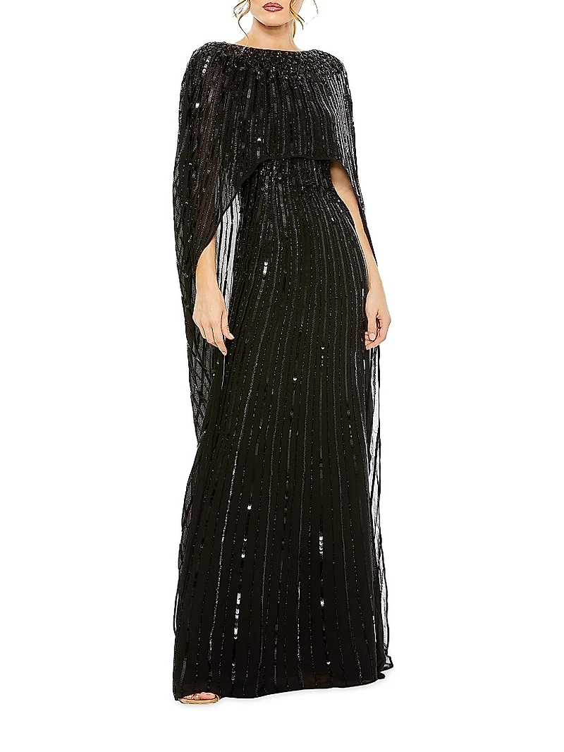 Sequined Column Cape Gown