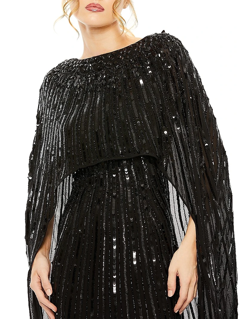 Sequined Column Cape Gown