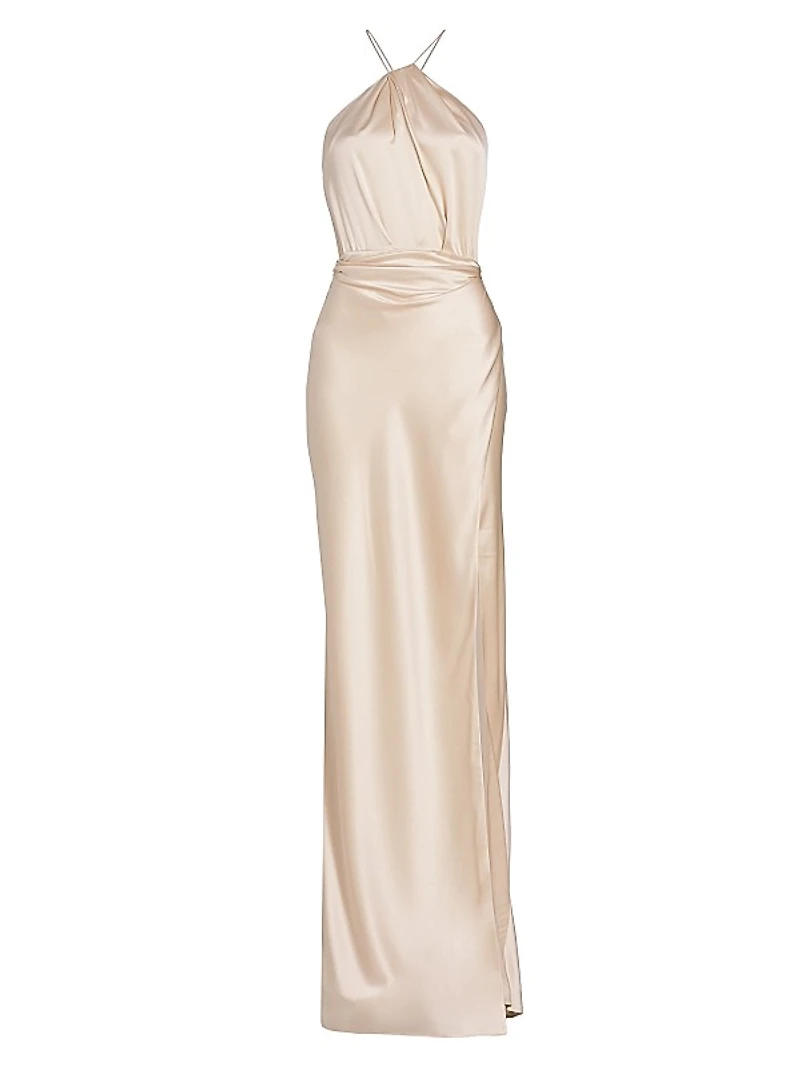 Satin Silk Pleated Halter Gown